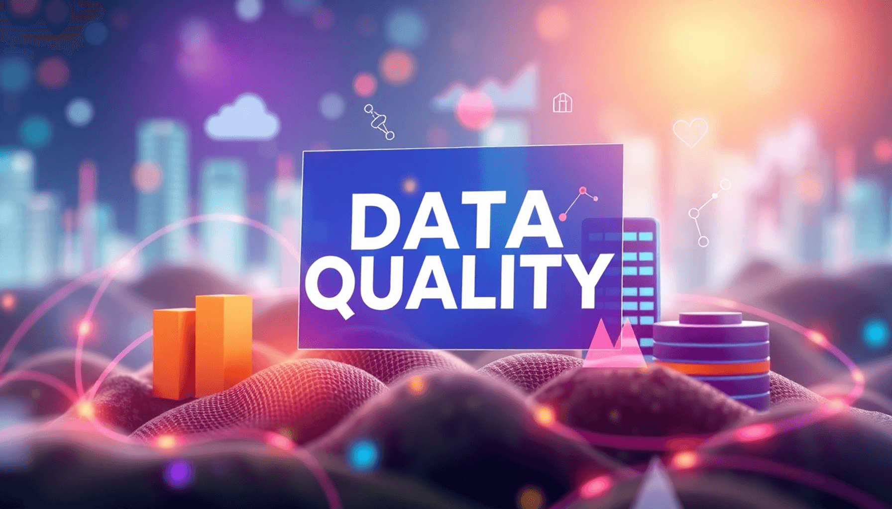 A vibrant digital artwork showcasing charts, graphs, and databases against a tech-inspired background, emphasizing the importance of data quality f...